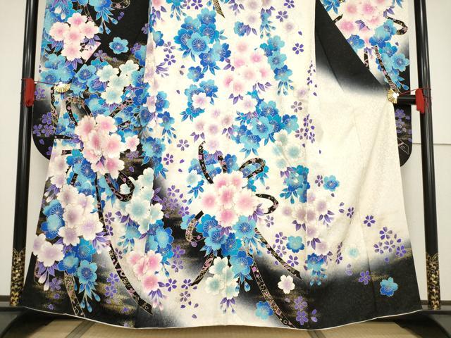 平和屋着物●豪華振袖 刺繍 花束文 金彩 銀通し地 正絹 逸品 AABF7025ck