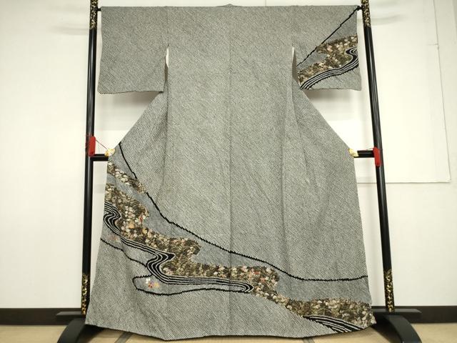 平和屋着物●訪問着 総絞り 刺繍 流水花文 黒地 正絹 逸品 AABF7026ck
