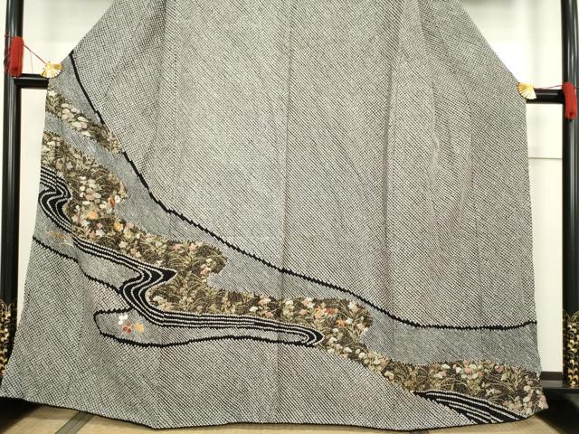 平和屋着物●訪問着 総絞り 刺繍 流水花文 黒地 正絹 逸品 AABF7026ck