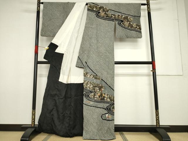 平和屋着物●訪問着 総絞り 刺繍 流水花文 黒地 正絹 逸品 AABF7026ck