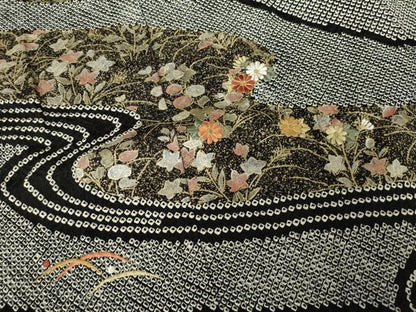 平和屋着物●訪問着 総絞り 刺繍 流水花文 黒地 正絹 逸品 AABF7026ck