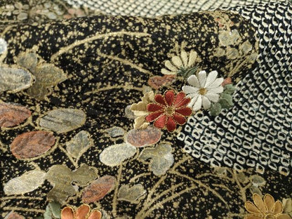 平和屋着物●訪問着 総絞り 刺繍 流水花文 黒地 正絹 逸品 AABF7026ck