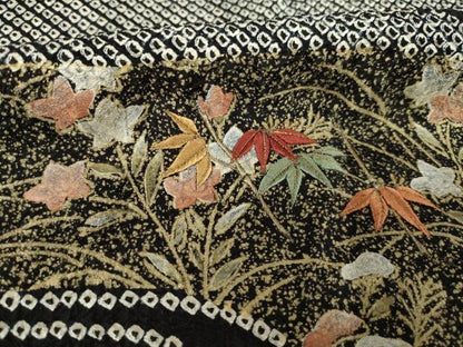 平和屋着物●訪問着 総絞り 刺繍 流水花文 黒地 正絹 逸品 AABF7026ck