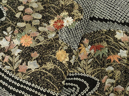平和屋着物●訪問着 総絞り 刺繍 流水花文 黒地 正絹 逸品 AABF7026ck