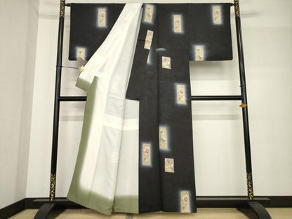 平和屋着物●上質な小紋 短冊花文 暈し染め 黒地 金彩 正絹 逸品 AABF7033ck