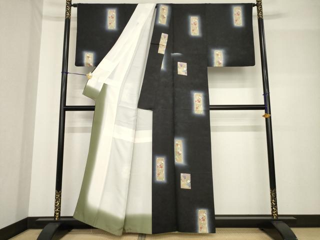 平和屋着物●上質な小紋 短冊花文 暈し染め 黒地 金彩 正絹 逸品 AABF7033ck
