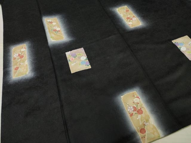 平和屋着物●上質な小紋 短冊花文 暈し染め 黒地 金彩 正絹 逸品 AABF7033ck