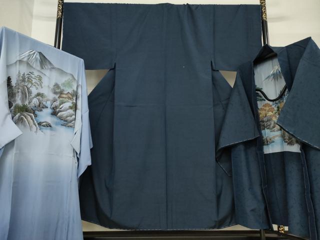 平和屋着物●男性 紬 アンサンブル 長襦袢(袷)セット 色無地 青褐色 正絹 逸品 未使用 AABF7036ck