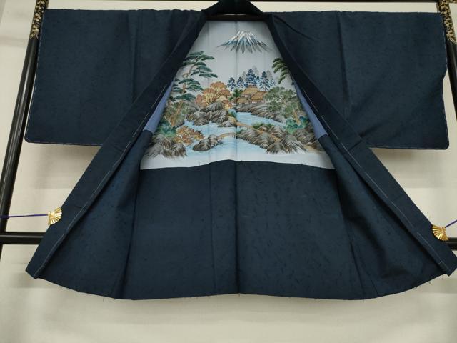平和屋着物●男性 紬 アンサンブル 長襦袢(袷)セット 色無地 青褐色 正絹 逸品 未使用 AABF7036ck
