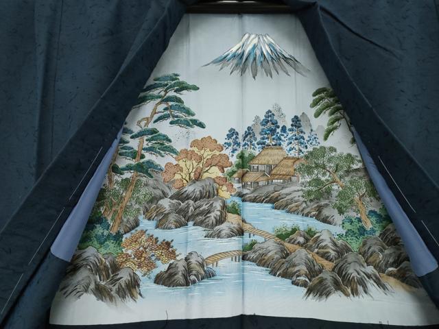 平和屋着物●男性 紬 アンサンブル 長襦袢(袷)セット 色無地 青褐色 正絹 逸品 未使用 AABF7036ck