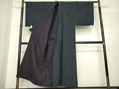 平和屋着物●男性 紬 アンサンブル 長襦袢(袷)セット 色無地 藍鉄色 正絹 逸品 AABF7038ck