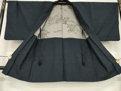 平和屋着物●男性 紬 アンサンブル 長襦袢(袷)セット 色無地 藍鉄色 正絹 逸品 AABF7038ck