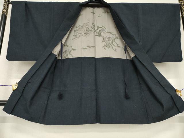 平和屋着物●男性 紬 アンサンブル 長襦袢(袷)セット 色無地 藍鉄色 正絹 逸品 AABF7038ck
