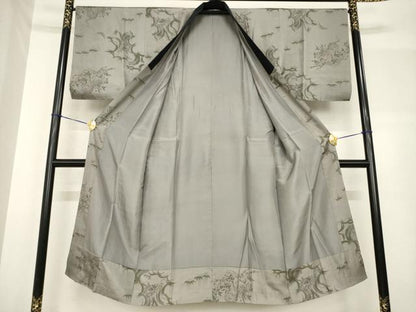 平和屋着物●男性 紬 アンサンブル 長襦袢(袷)セット 色無地 藍鉄色 正絹 逸品 AABF7038ck