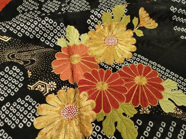 平和屋着物●豪華振袖 駒刺繍 絞り 舞花文 正絹 逸品 AABF7051ck
