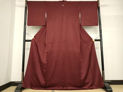 平和屋着物●上質な色無地 花青海波地紋 葡萄茶色 正絹 逸品 AABF7060ck