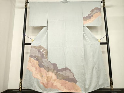 平和屋着物●訪問着 絞り 刺繍 道長花文 金彩 正絹 逸品 AABF7065ck