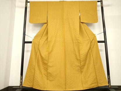 平和屋着物●お召 菱文 山吹茶色 正絹 逸品 未使用 AABF7066ck