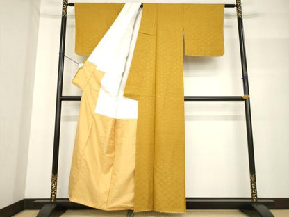 平和屋着物●お召 菱文 山吹茶色 正絹 逸品 未使用 AABF7066ck
