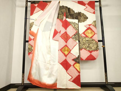 平和屋着物●豪華振袖 駒刺繍 絞り 花菱文 金彩 正絹 逸品 AABF7071ck