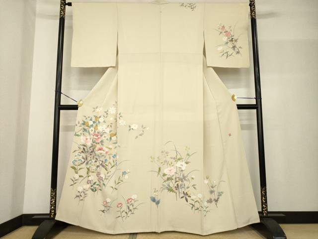 平和屋着物●訪問着　友禅　作家物　草花文　正絹　逸品　AABF7074ck