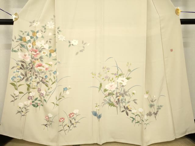 平和屋着物●訪問着　友禅　作家物　草花文　正絹　逸品　AABF7074ck