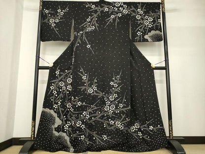 平和屋着物●訪問着 絞り 枝花文 黒地 正絹 逸品 AABF7075ck