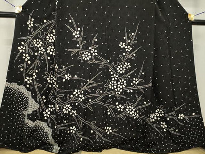 平和屋着物●訪問着 絞り 枝花文 黒地 正絹 逸品 AABF7075ck