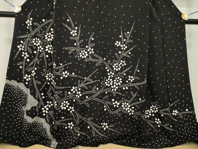 平和屋着物●訪問着 絞り 枝花文 黒地 正絹 逸品 AABF7075ck