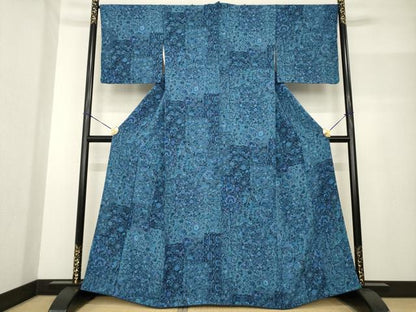 平和屋着物●上質な小紋　本藍　更紗花文　正絹　逸品　AABF7078ck
