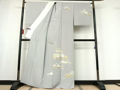 平和屋着物▽訪問着 単衣 草花文 金彩 正絹 逸品 AABF7081jh