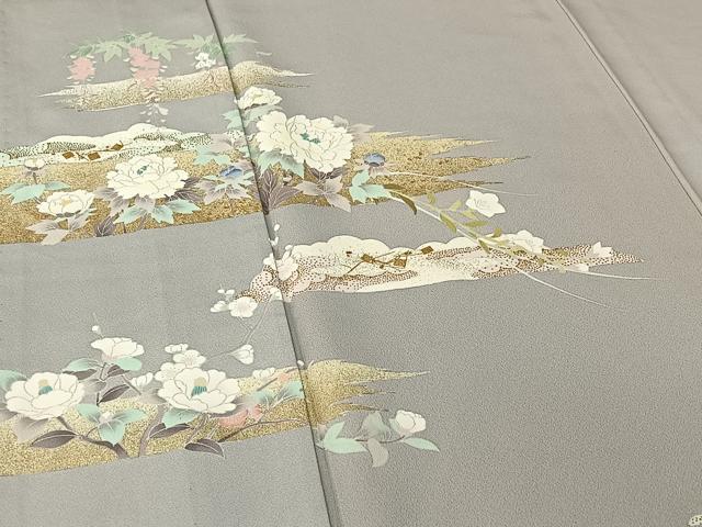 平和屋着物▽訪問着 単衣 草花文 金彩 正絹 逸品 AABF7081jh