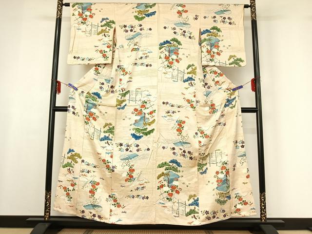 平和屋着物▽上質な小紋 単衣 風景花文 正絹 逸品 AABF7083jh