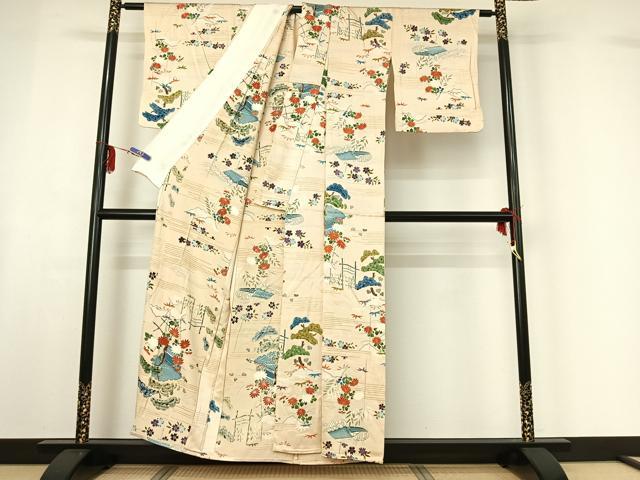平和屋着物▽上質な小紋 単衣 風景花文 正絹 逸品 AABF7083jh