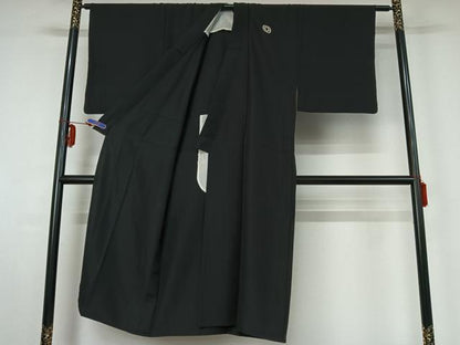 平和屋着物▽男性　黒紋付　単衣　羽織セット　暗黒色　正絹　逸品　AABF7087jh