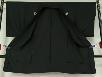 平和屋着物▽男性　黒紋付　単衣　羽織セット　暗黒色　正絹　逸品　AABF7087jh