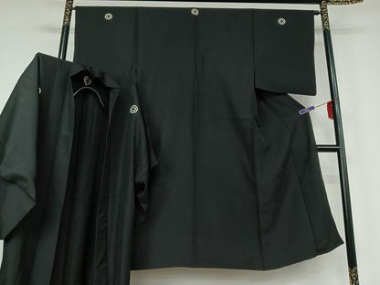 平和屋着物▽男性　黒紋付　単衣　羽織セット　暗黒色　正絹　逸品　AABF7087jh