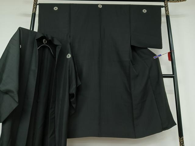 平和屋着物▽男性　黒紋付　単衣　羽織セット　暗黒色　正絹　逸品　AABF7087jh
