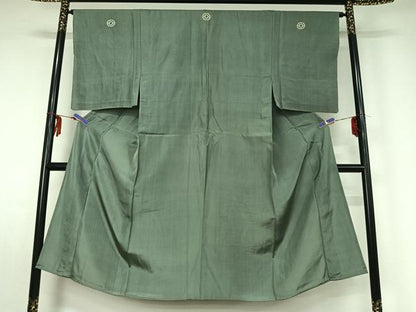 平和屋着物▽男性 色紋付 単衣 千草色 正絹 逸品 AABF7089jh