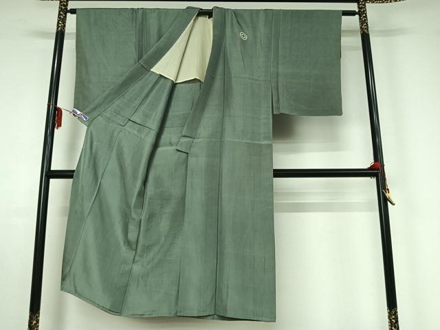 平和屋着物▽男性 色紋付 単衣 千草色 正絹 逸品 AABF7089jh