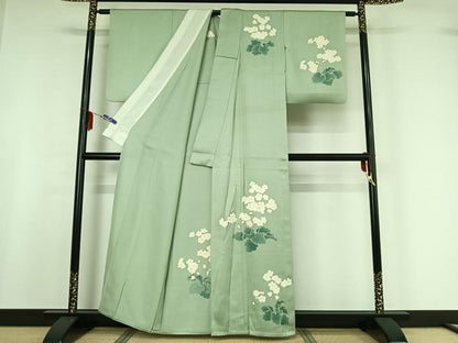平和屋着物▽訪問着 単衣 刺繍 草花文 正絹 逸品 AABF7097jh