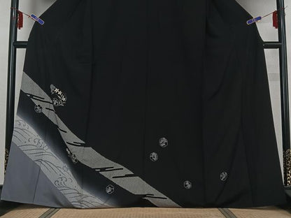 平和屋着物▽訪問着 単衣 雪輪花文 暈し染め 黒地 金彩 正絹 逸品 AABF7102jh