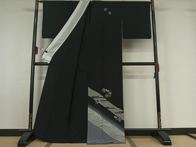 平和屋着物▽訪問着 単衣 雪輪花文 暈し染め 黒地 金彩 正絹 逸品 AABF7102jh