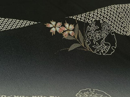 平和屋着物▽訪問着 単衣 雪輪花文 暈し染め 黒地 金彩 正絹 逸品 AABF7102jh