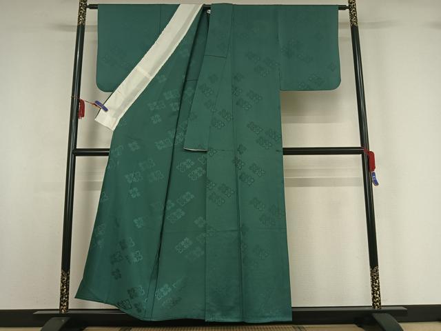 平和屋着物▽上質な色無地 単衣 花菱地紋 青緑色 正絹 逸品 AABF7103jh