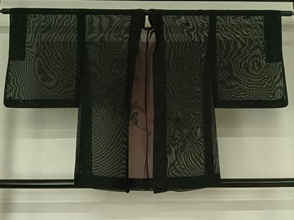 平和屋着物▽羽織 スリーシーズン 春夏秋 塵除け 総刺繍 草花文 黒地 正絹 逸品 AABF7110jh