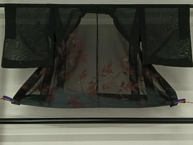 平和屋着物▽羽織 スリーシーズン 春夏秋 塵除け 草葉文 黒地 正絹 逸品 AABF7111jh