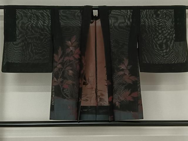 平和屋着物▽羽織 スリーシーズン 春夏秋 塵除け 草葉文 黒地 正絹 逸品 AABF7111jh