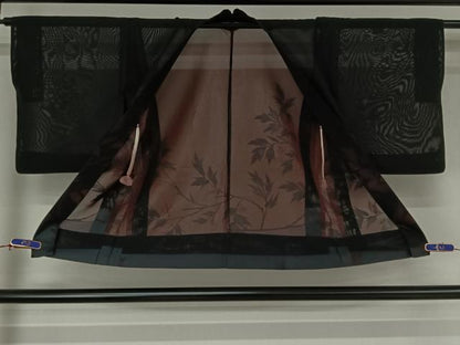 平和屋着物▽羽織 スリーシーズン 春夏秋 塵除け 草葉文 黒地 正絹 逸品 AABF7111jh