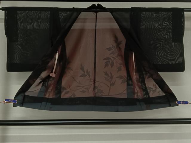 平和屋着物▽羽織 スリーシーズン 春夏秋 塵除け 草葉文 黒地 正絹 逸品 AABF7111jh
